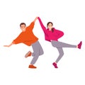 Two young active couple, boys and girls dancing contemp, hip hop