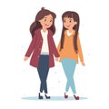 Two young adult female friends walking together, both smiling enjoying time, casual wear. Cartoon