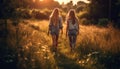 Two young adults walking in the forest, holding hands, enjoying nature generated by AI Royalty Free Stock Photo