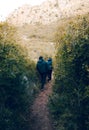 two young adventurers walking through a lush green forest, very warm and having fun Royalty Free Stock Photo