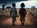 Two poor African children walking on a dirt path