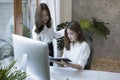 Two asian women working together on new project at creative office. Royalty Free Stock Photo