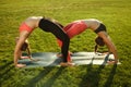 Two young attractive girls practicing yoga outdoor. Royalty Free Stock Photo