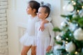 Two young ballet dancer hug near Christmas tree Royalty Free Stock Photo