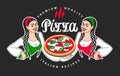 Two young beautiful italian girls chefs offer to taste pizza. Logo hand-lettering calligraphy vector. Design template