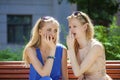 Two young beautiful women secret at summer green park Royalty Free Stock Photo