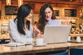 Two young businesswomen,bloggers, wearing in shirts are sitting in cafe at table and using laptop, working, studying Royalty Free Stock Photo