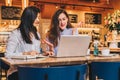 Two young businesswomen, bloggers, wearing in shirts are sitting in cafe at table and using laptop, working Royalty Free Stock Photo