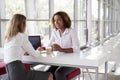 Two young businesswomen at a meeting talking, close up