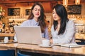 Two young businesswomen sitting in cafe at table and using laptop, working, blogging. Girls are looking at monitor Royalty Free Stock Photo