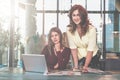 Two young businesswomen are working in office.First woman sits at table and looks at laptop screen Royalty Free Stock Photo