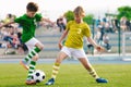 Two Young Caucasian Boys Kicking Soccer Ball on Grass Venue Royalty Free Stock Photo