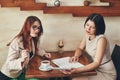 Two young caucasian businesswomen with laptop, notebook. Women in cafe Royalty Free Stock Photo