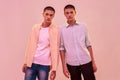 Two young caucasian twin brothers looking at camera while posing together isolated over light pink background Royalty Free Stock Photo