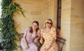 Two young cheerful women in elegant dresses have fun on the terrace Royalty Free Stock Photo