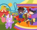 Two young children having fun at the fairground riding on a colorful carousel or merry-go-round watched by their pet