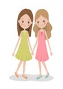 Two young cute girls are holding hands. Lesbian Couple have smiles and love.