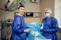 Two young doctors in uniform in the operating room. Royalty Free Stock Photo