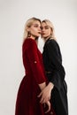 Two young fashion lesbians in stylish black-red clothes posing in studio. Sexy girl fashion model in black dress hugs girlfriend Royalty Free Stock Photo