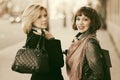 Two young fashion women walking in a city street Royalty Free Stock Photo