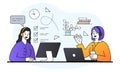 Two young female characters are working on computers in the office together on white background Royalty Free Stock Photo