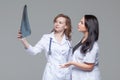 Two young female doctors looking at the x-ray picture of lungs on grey background Royalty Free Stock Photo