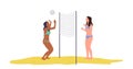 Two young female friends cartoon characters wearing bikini swimwear playing beach volleyball Royalty Free Stock Photo