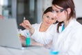 Two young female researchers in a lab