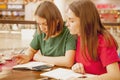 Two young female students studying together. Happy best friends Royalty Free Stock Photo