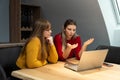 Two young freelance business women teamwork working at home on laptop as product strategy expert. Female expatriate remote work on