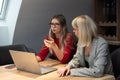 Two young freelance business women teamwork working at home on laptop as product strategy expert. Female expatriate remote work on