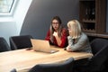 Two young freelance business women teamwork working at home on laptop as product strategy expert. Female expatriate remote work on