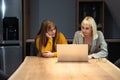 Two young freelance business women teamwork working at home on laptop as product strategy expert. Female expatriate remote work on
