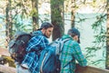 two young friends with backpackers resting while hiking