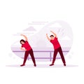 two young friends, men in tracksuits, warm-up exercises, doing stretching exercises on the sand sea, jogging outdoors by the sea. Royalty Free Stock Photo