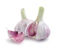 Two young garlic heads and cloves on white background