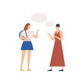 Two young girl gossiping with speech bubble vector flat illustration. People chatting each other isolated on white