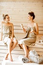 Two girlfriends relaxing in the sauna