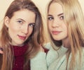 Two young girlfriends in winter sweaters indoors having fun. Lifestyle. Blond teen friends close up Royalty Free Stock Photo