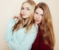 Two young girlfriends in winter sweaters indoors having fun. Lifestyle. Blond teen friends close up Royalty Free Stock Photo