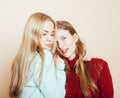 Two young girlfriends in winter sweaters indoors having fun. Lifestyle. Blond teen friends close up Royalty Free Stock Photo