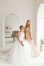 Two young brides in a beautiful dress in bright white studio. Wedding concept.