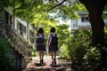 Two young girls enjoying nature as they walk together on a scenic path in the woods, Two young schoolgirls walking along outdoor