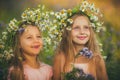 Portrait of a beautiful two little girl wearing a crown of chamomile Royalty Free Stock Photo