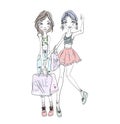 Two young girls holding shopping bags in hands. Hand-drawn sketch. Royalty Free Stock Photo