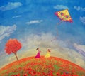 Two young girls with the kite on the field of poppies Royalty Free Stock Photo