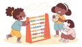 Two young girls learning math with an abacus, educational activity, vector design Generative AI Royalty Free Stock Photo