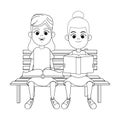 Two young girls reading books black and white Royalty Free Stock Photo