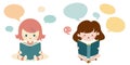 Two young girls reading books with speech bubbles vector graphics Royalty Free Stock Photo