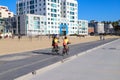 A two young girls riding bikes along a smooth bike path at the beach surrounded by lush green palm trees and silky sand